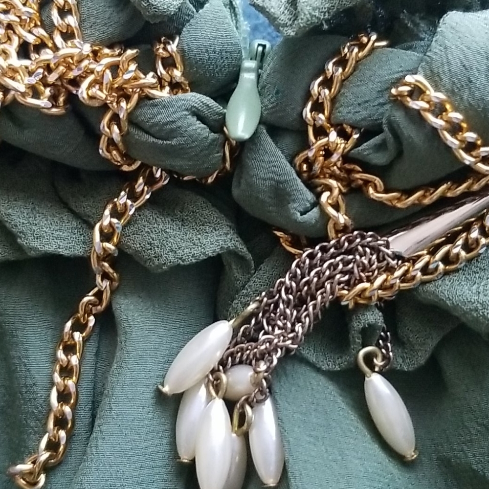 Meghan LA Olive Green Dress Gold chain Bead